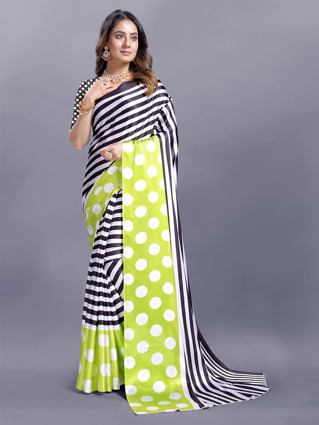 

V3 FASHION STUDIO Striped Satin Saree with Blouse Piece, Green