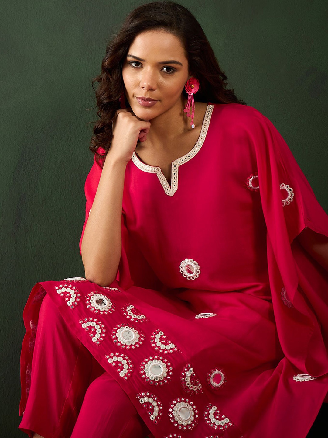 

Sangria Embroidered Mirror Work Kaftan Kurta With Trouser, Pink