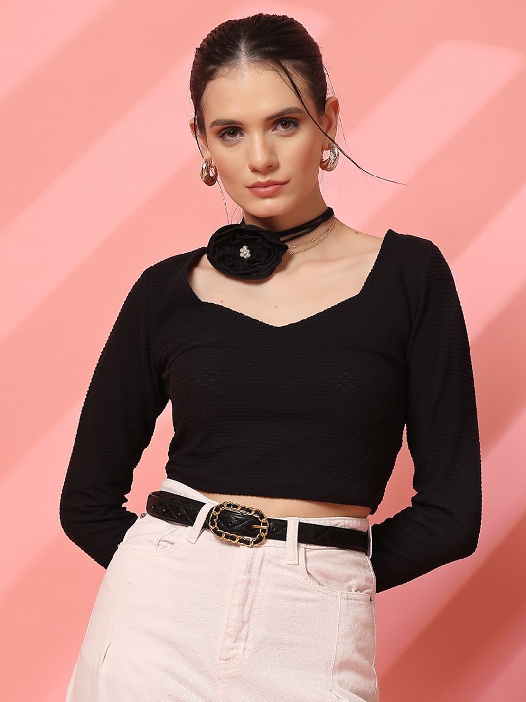 

STYLECAST X KASSUALLY Sweetheart Neck Cotton Crop Top, Black