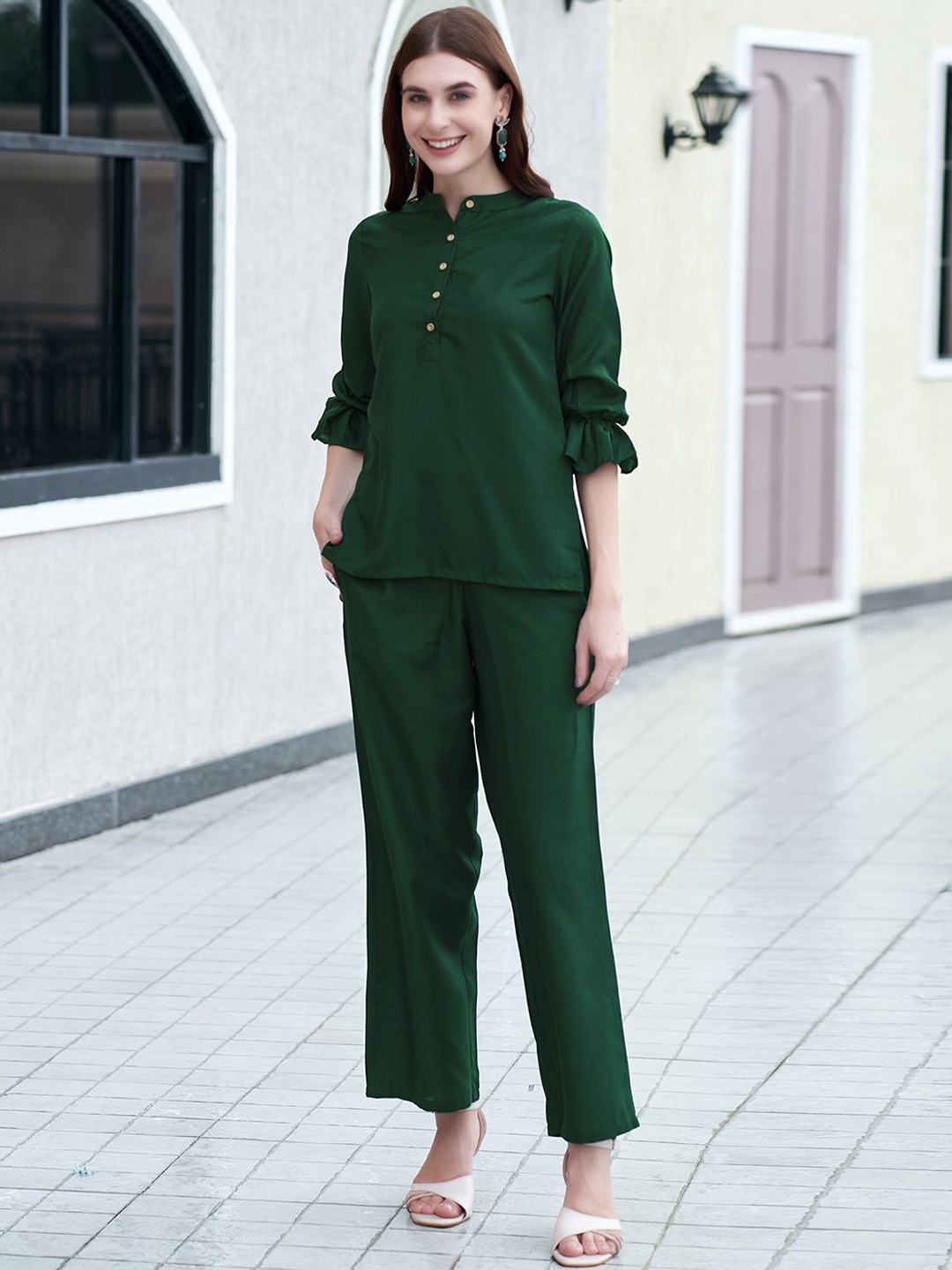 

Selvia Mandarin Collar Puff Sleeves Top With Trouser, Green