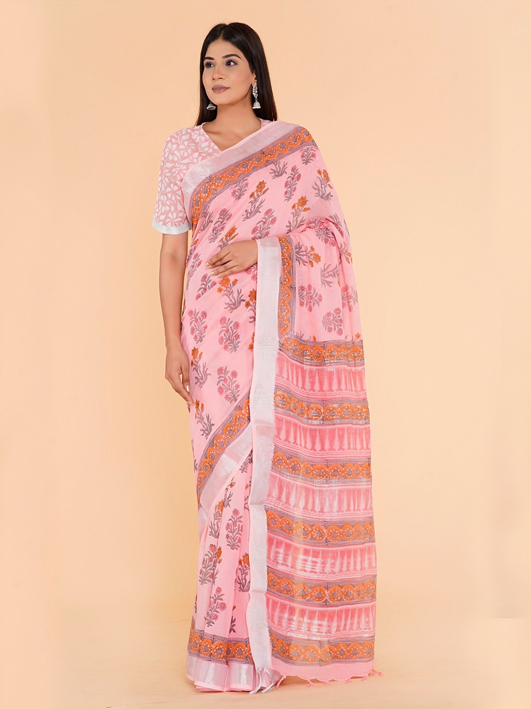 

Shivanya Handicrafts Floral Block Print Saree, Pink