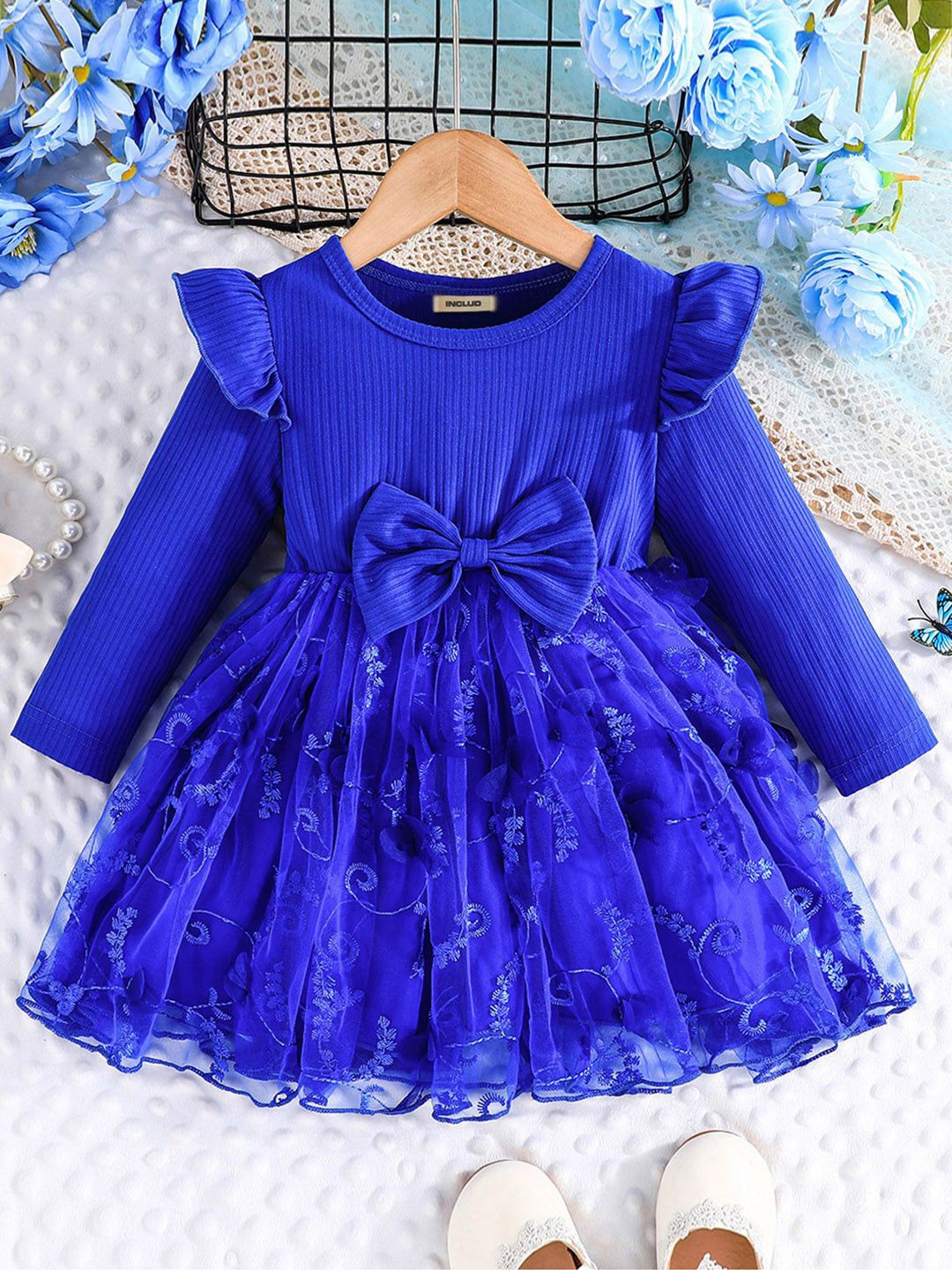

INCLUD Girl Embroidered Fit & Flare Dress, Blue