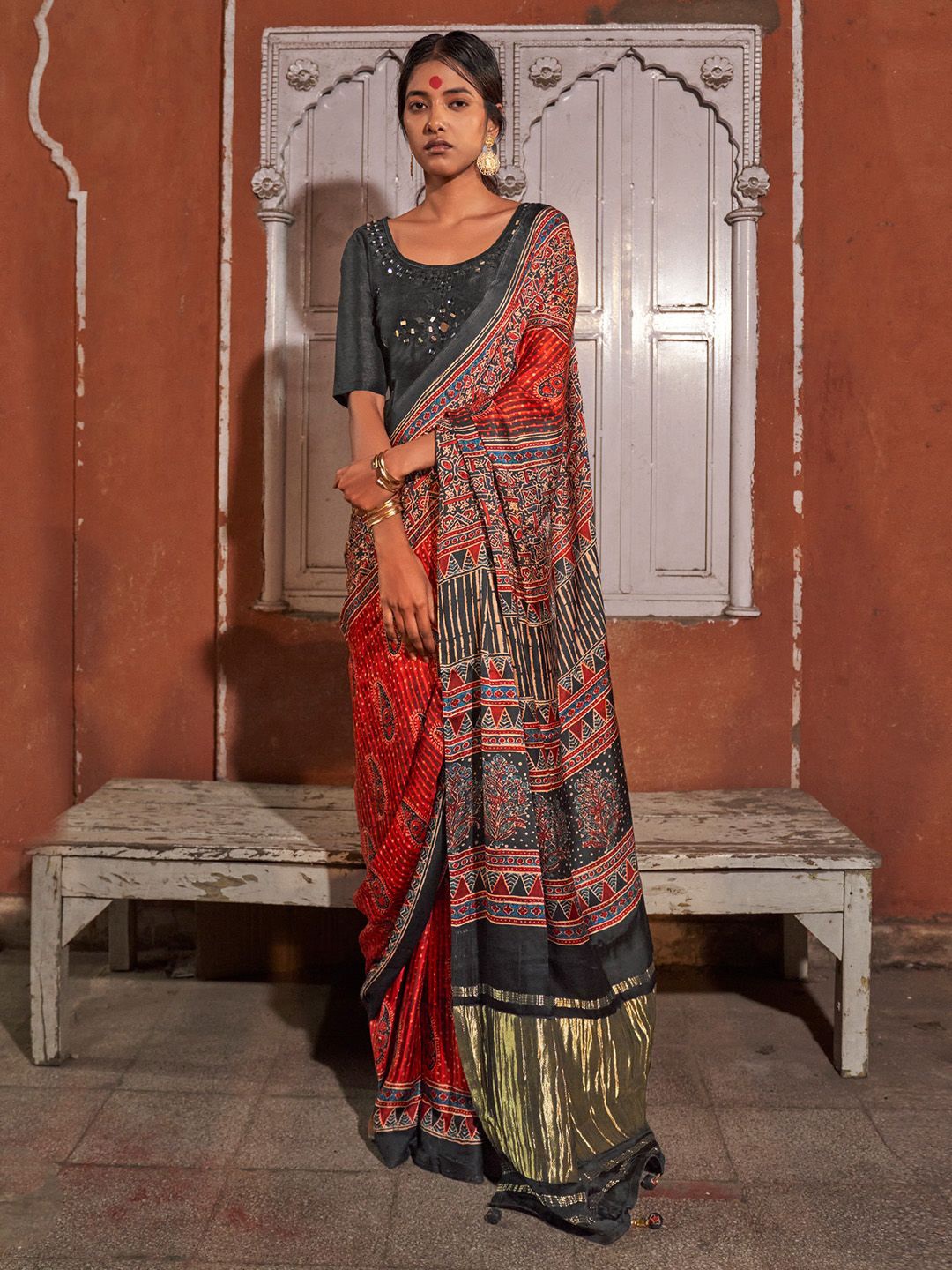 

Saree mall Ajrak Printed Block Print Sarees, Red