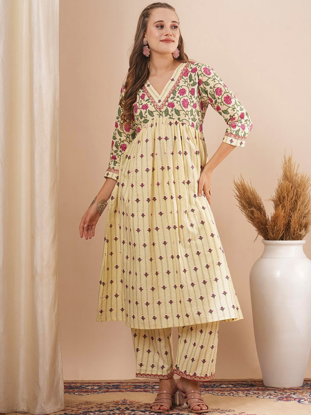 

FASHOR Floral Printed Pleated Pure Cotton A-Line Kurta with Trousers, Cream