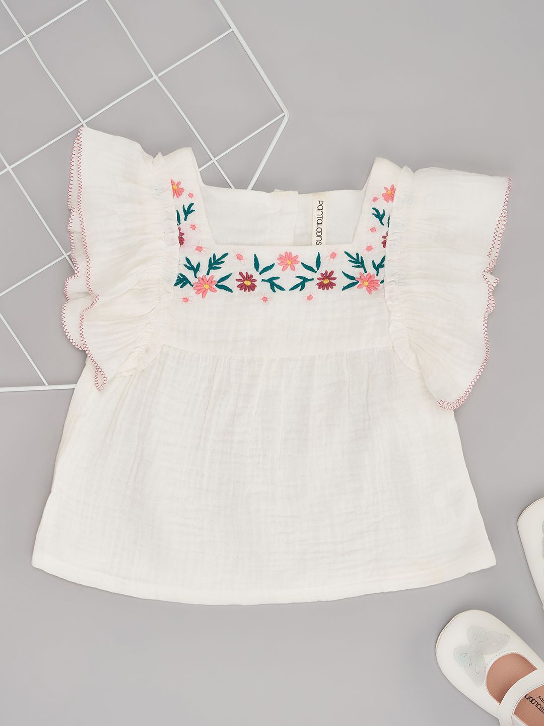 

Pantaloons Baby Girl's Embroidered Flutter Sleeve Cotton Top, Off white