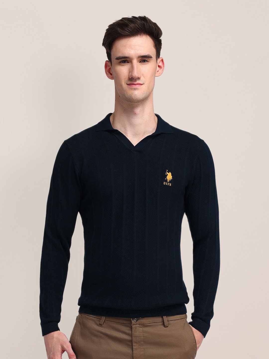 

U.S. Polo Assn. Men Self Design Long Sleeves Cotton Sweaters Pullover, Navy blue