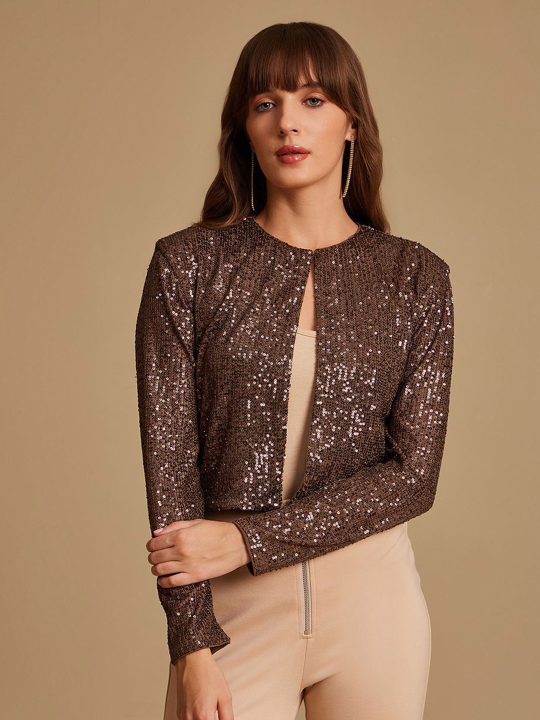 

Kazo Embellished Party Crop Tie-Up Shrug, Brown