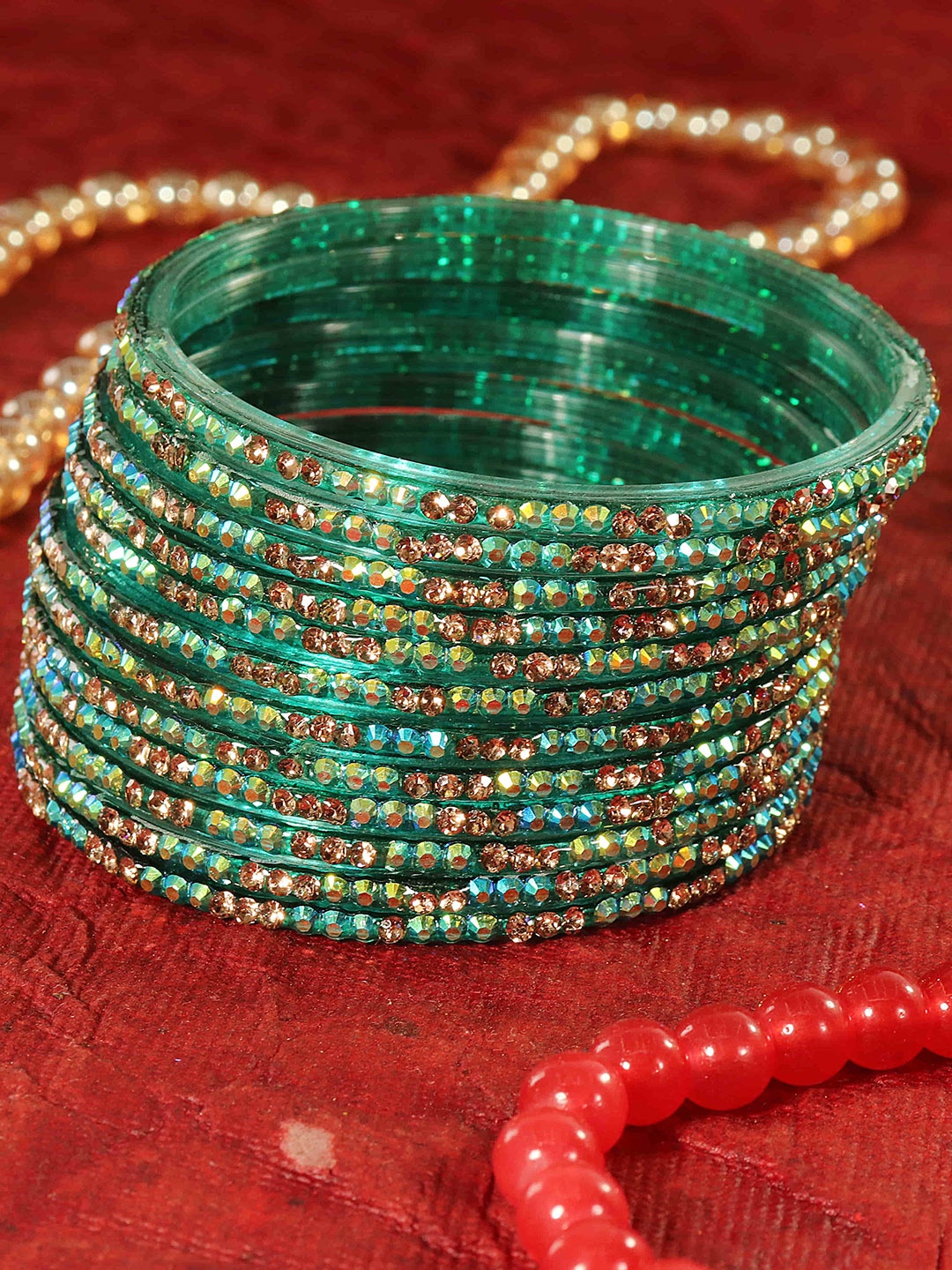 

LAVAZZA Set Of 12 Zircon Diamond Stone Studded & Beads Bangle, Teal