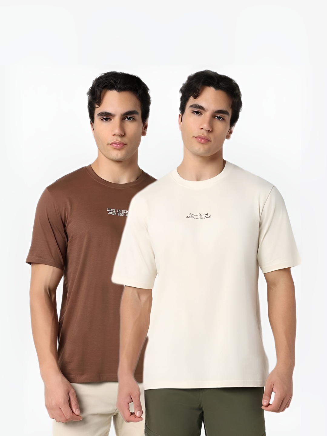 

R&B Men Pack Of 2 Solid Round Neck Cotton T-shirts, Beige