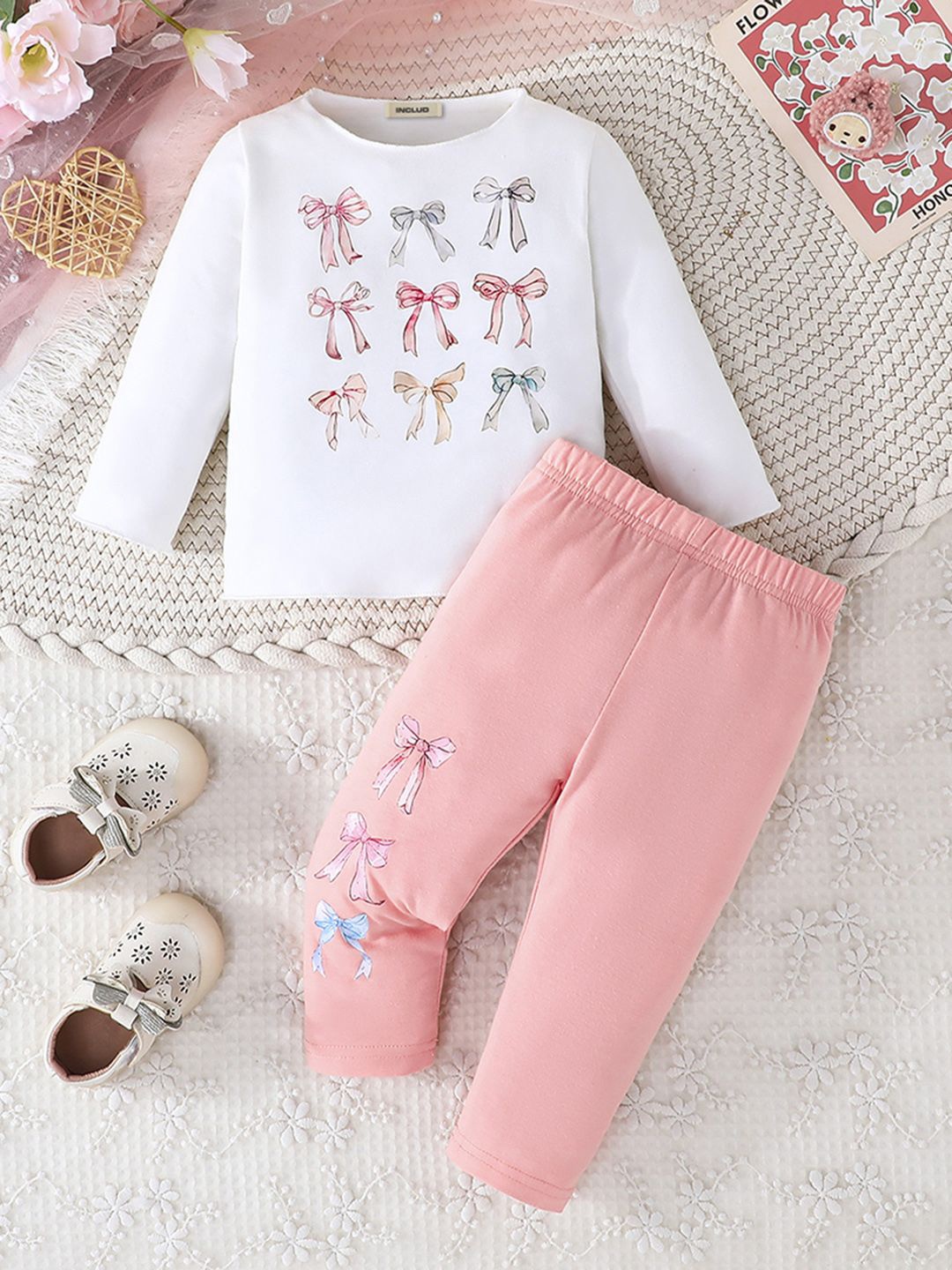 

INCLUD Girls Printed Round Neck Long Sleeves Top With Trouser, Pink
