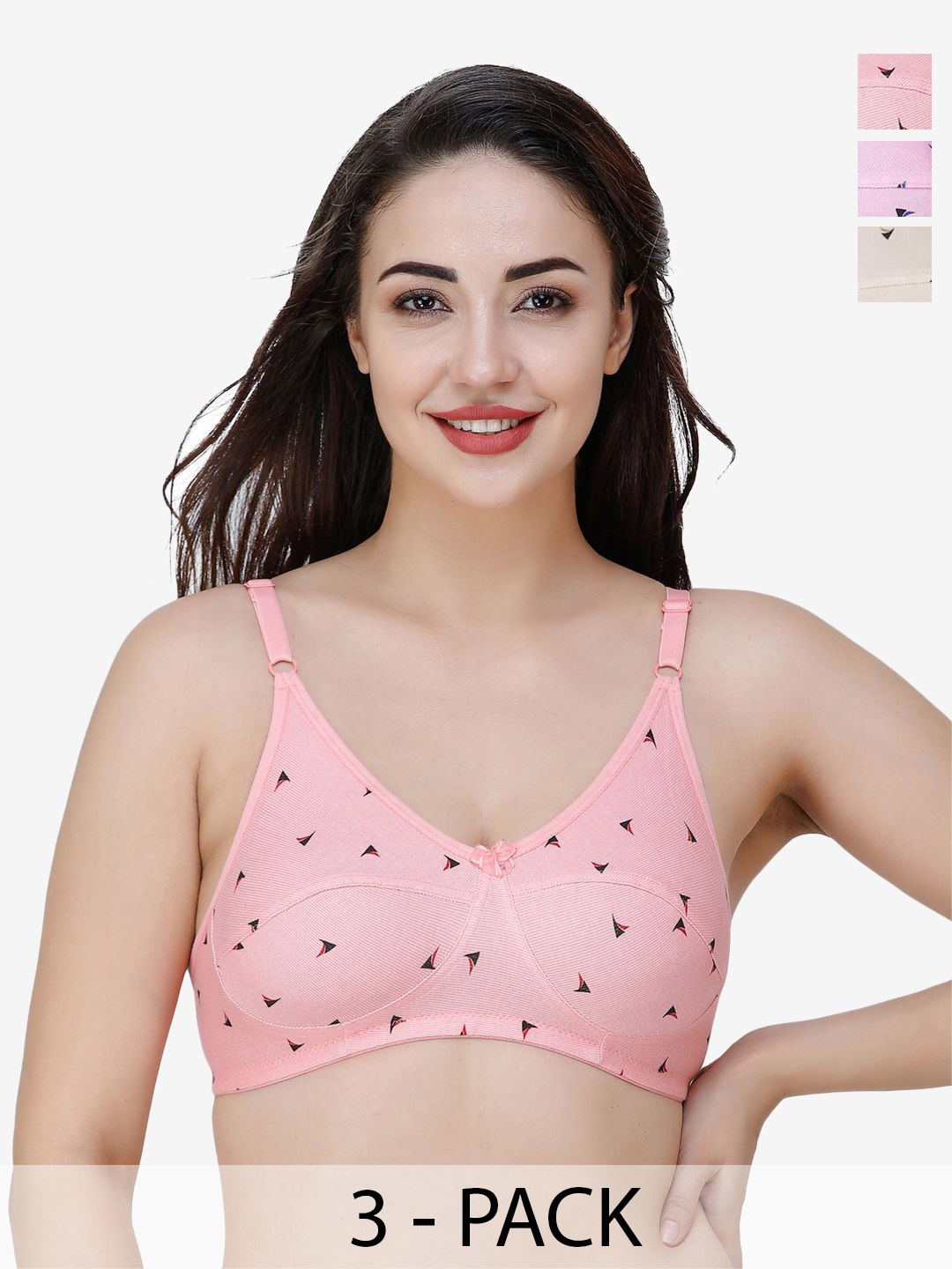 

Docare Pack Of 3 Printed Non Padded Full Coverage Bra, Pink