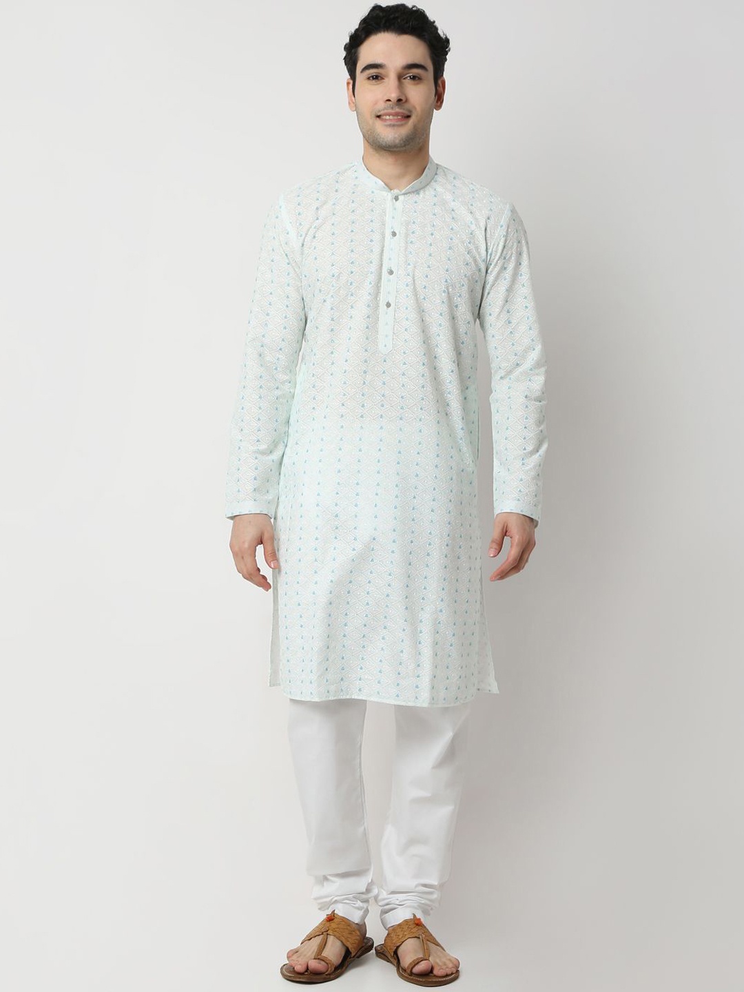 

Ethnicity Geometric Printed Mandarin Collar Straight Kurta With Trousers, Blue