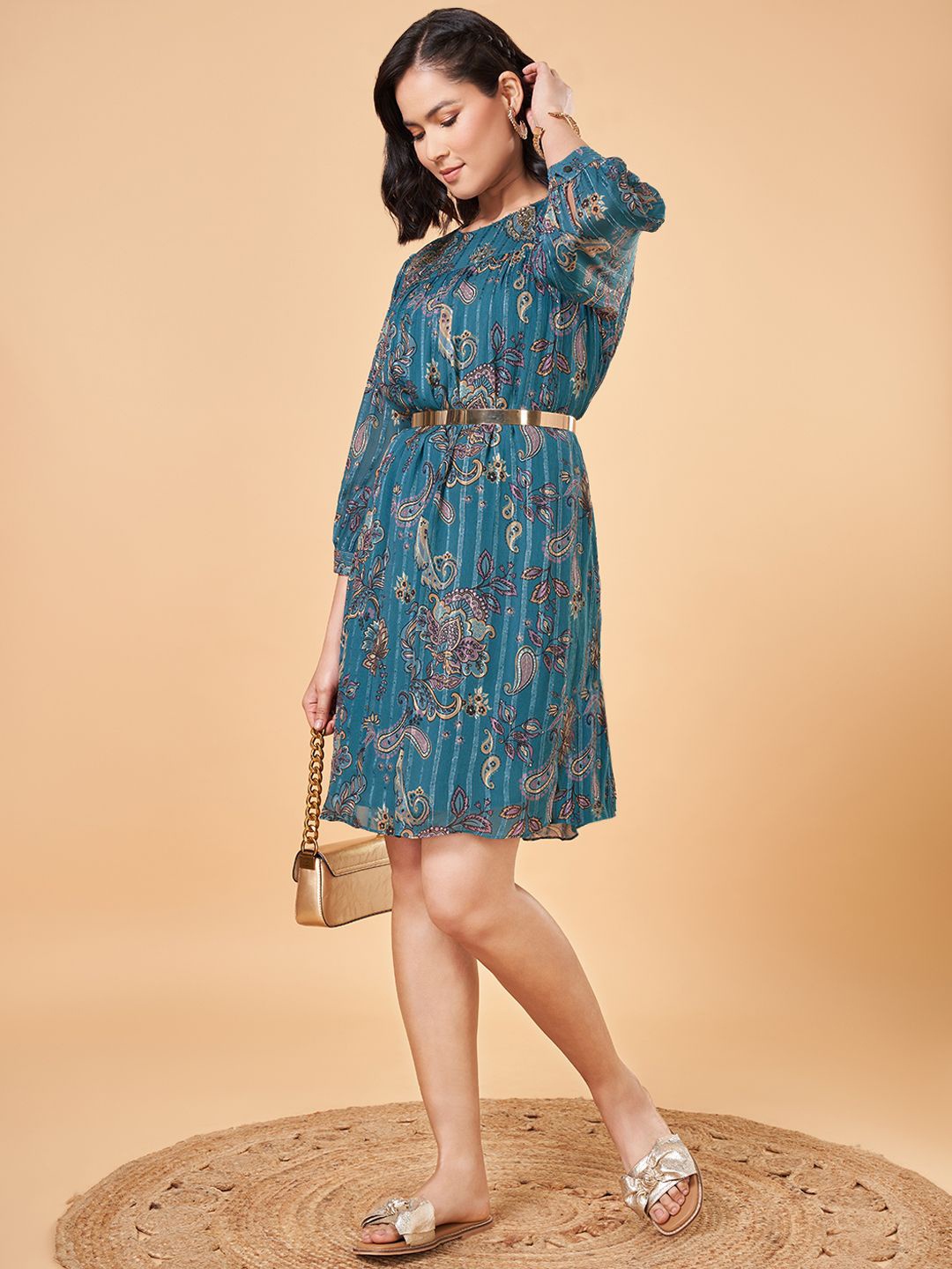 

Marigold Lane Floral Printed Round Neck A-Line Above Knee Dress, Teal