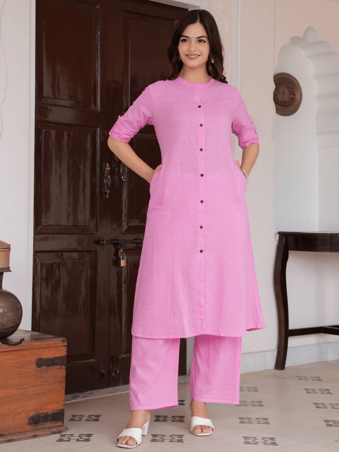 

P3D CREATION Striped Mandarin Collar Pure Cotton A-Line Kurta with Palazzos, Pink
