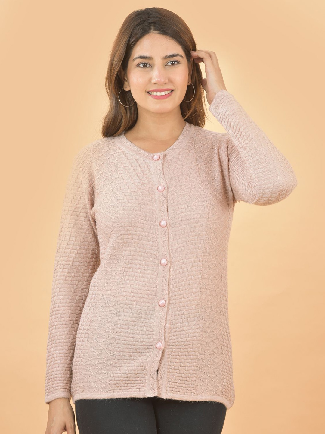 

BAISA Women Woollen Round Neck Self Design Cardigan, Mauve