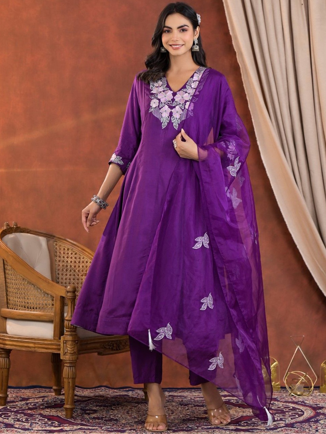 

AUTUMN LANE Floral Embroidered Cotton Silk A-Line Kurta With Trousers & Dupatta, Purple