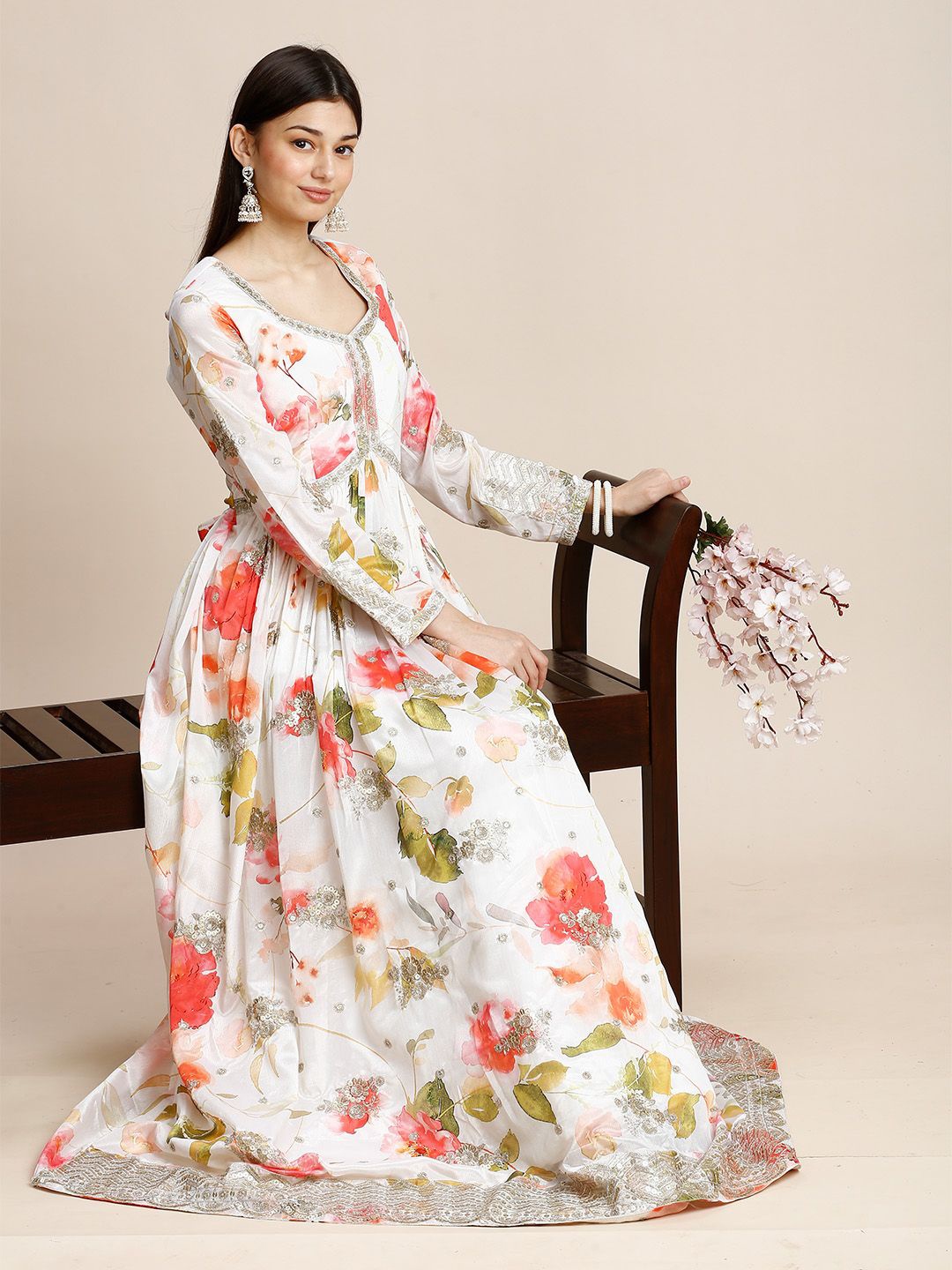 

MADHURAM Women Floral Printed Ethnic Dresses, White