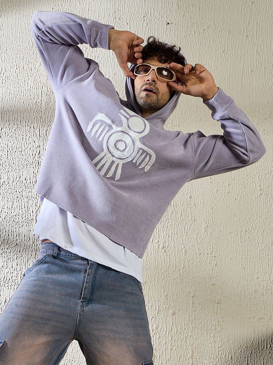 

FUGAZEE Men Embroidered Self Design Hooded Sweatshirt, Purple