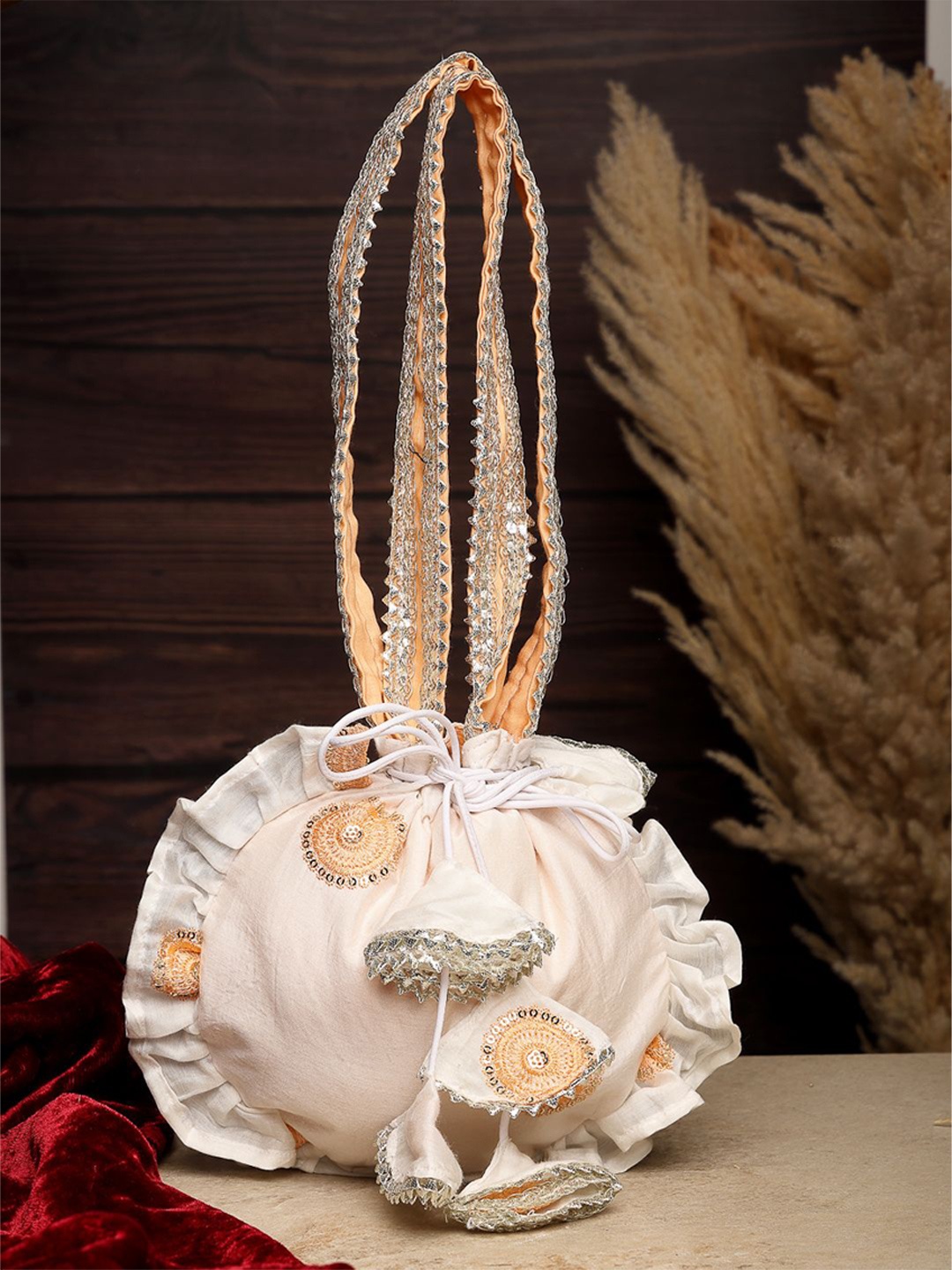 

Dhrohar Embellished Lacework Potli Clutch, Off white