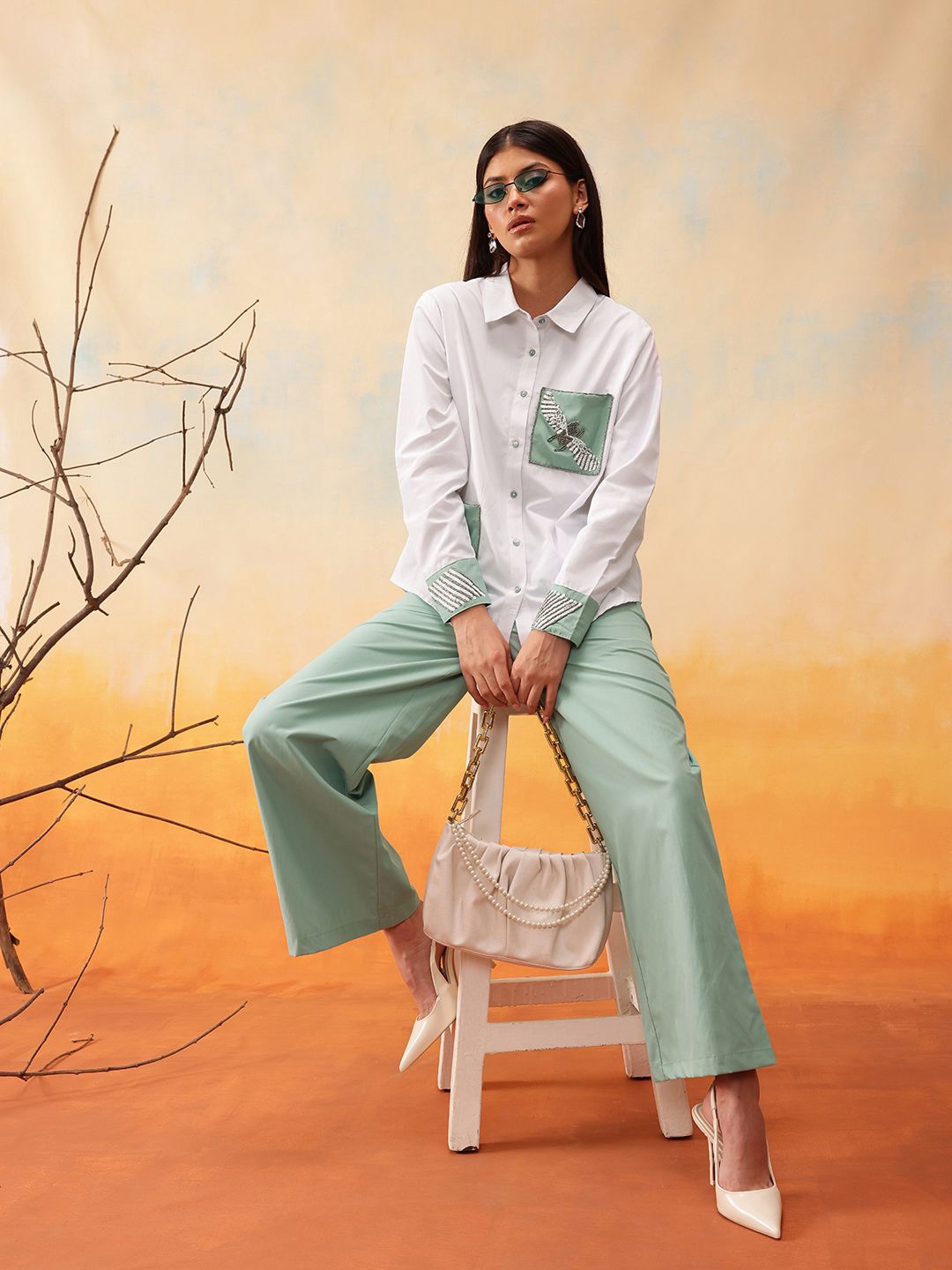 

indo street Embellished Pure Cotton Shirt With Trousers, Green