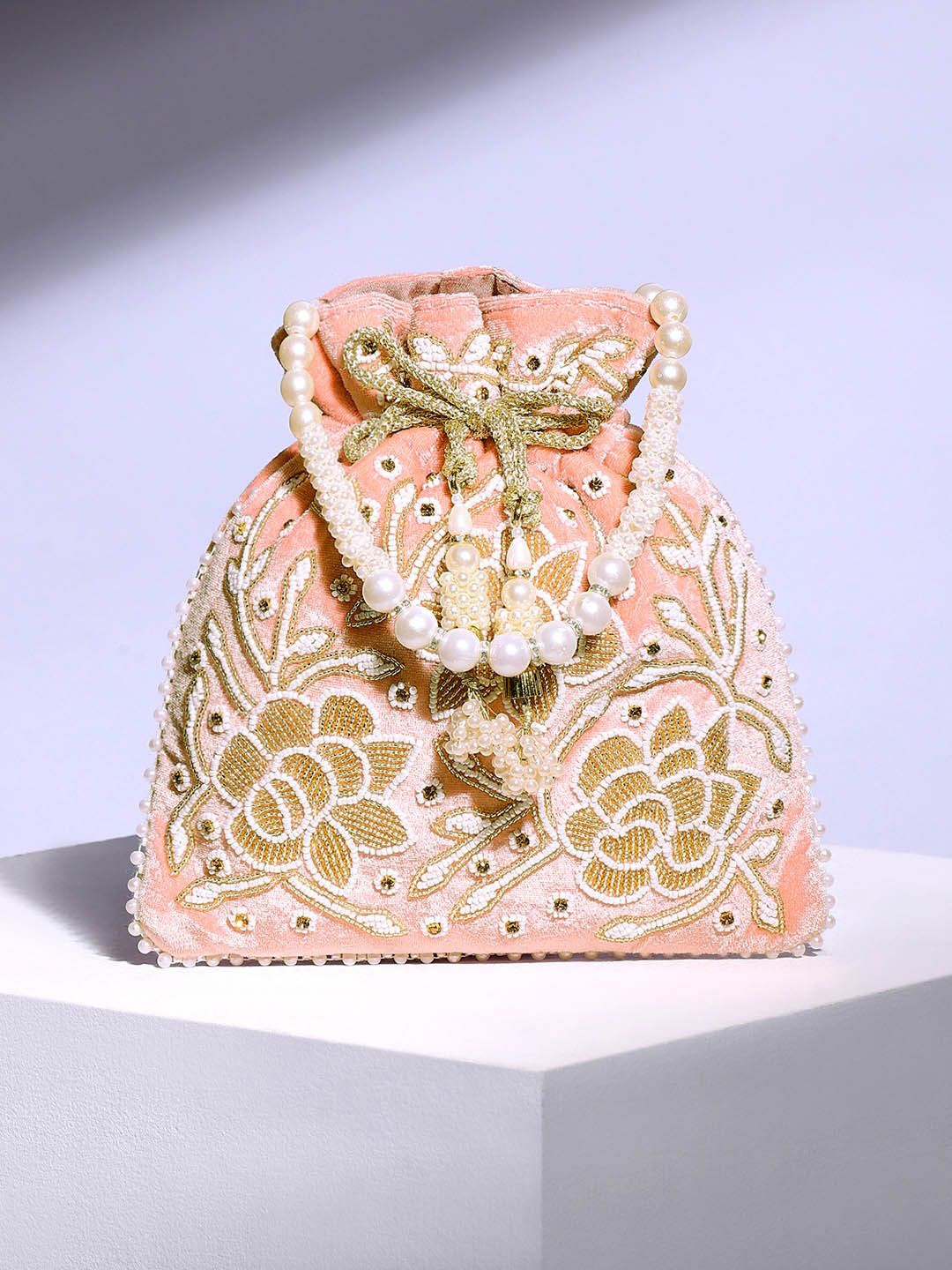 

Peora Embroidered Potli Clutch, Peach