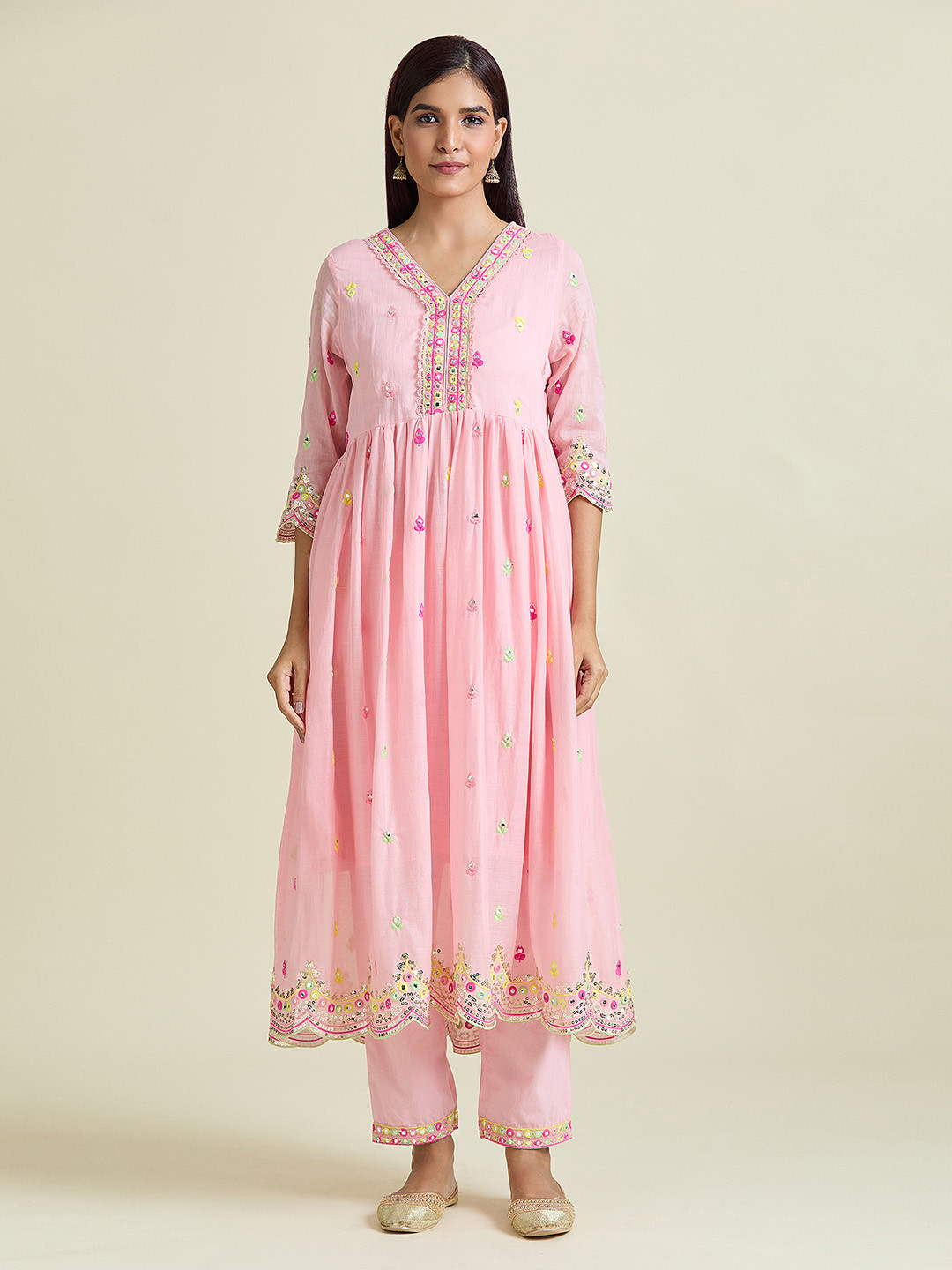 

Samyukta Singhania Embroidered Thread Work Pure Cotton Anarkali Kurta with Trousers & Dupatta, Peach
