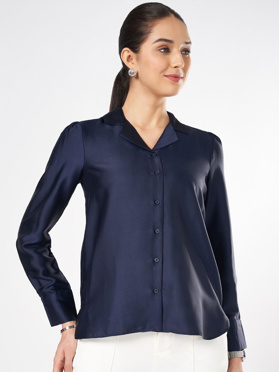 

Annabelle by Pantaloons Women Shirt Collar Cuffed Sleeves Top, Navy blue