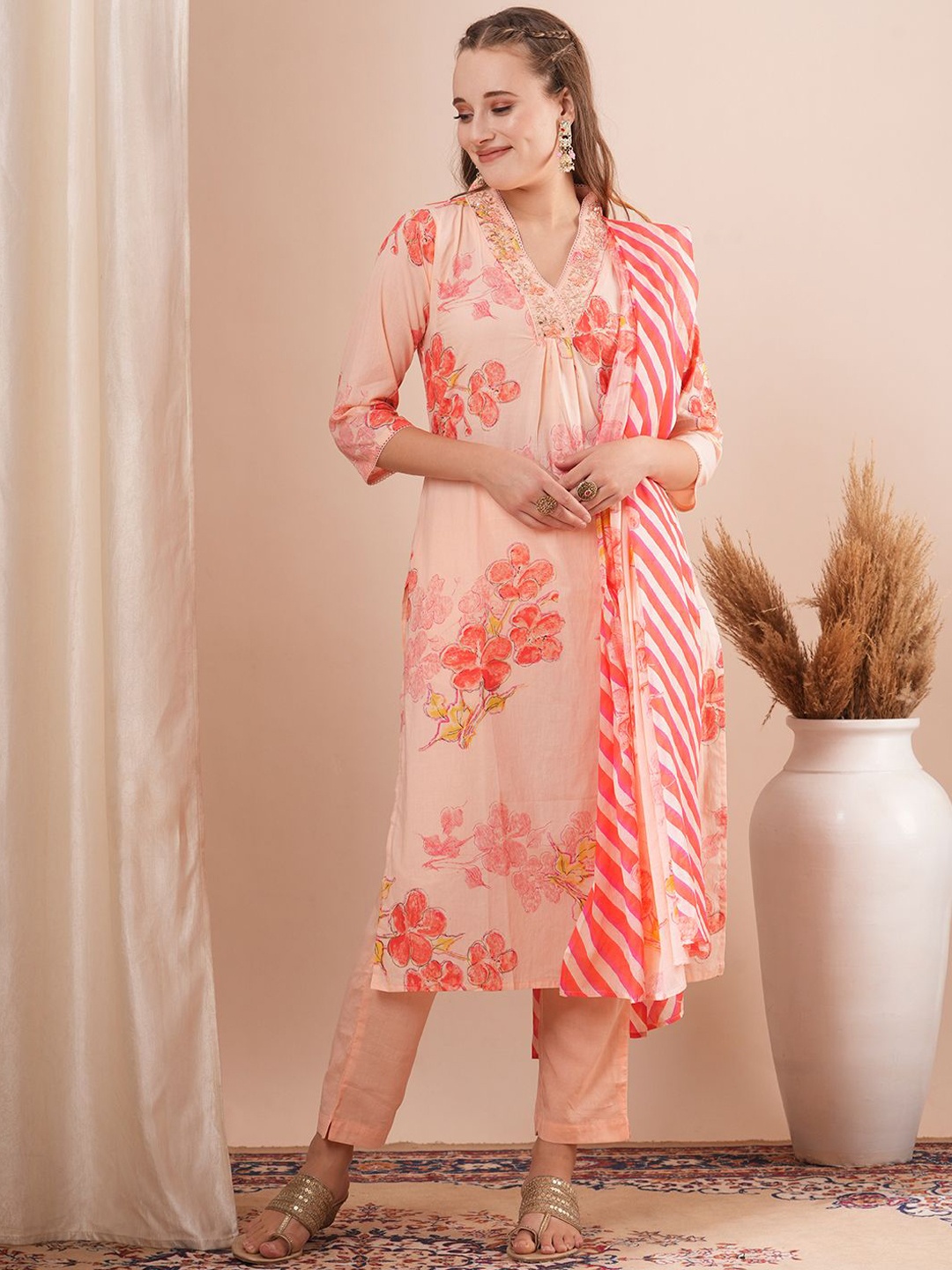 

FASHOR Floral Printed Gotta Patti Pure Cotton Kurta With Trousers & Dupatta, Peach