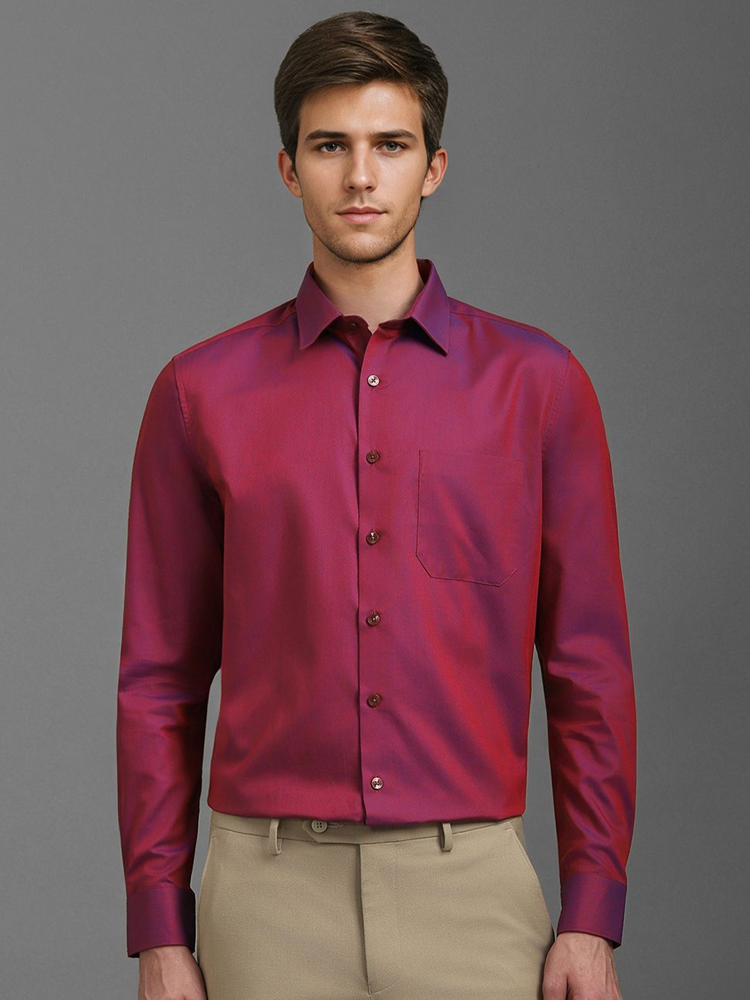 

Louis Philippe Men Spread Collar Solid Cotton Slim Fit Formal Shirt, Pink