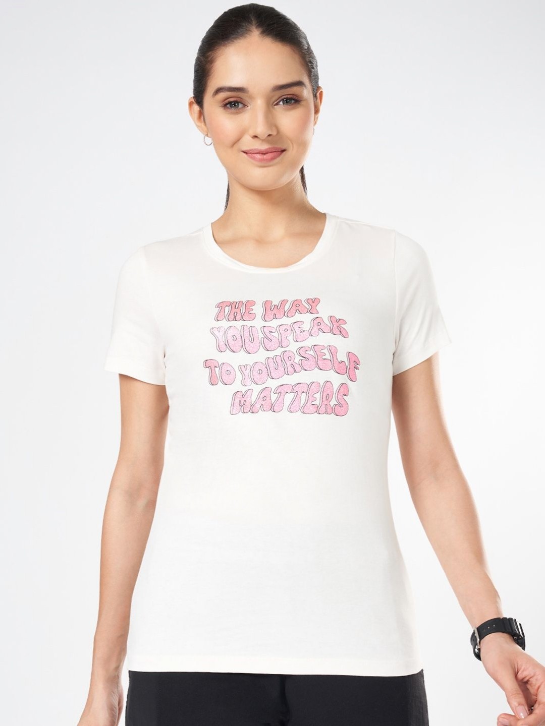 

Ajile by Pantaloons Women Typography Printed Round Neck Cotton T-shirt, Off white