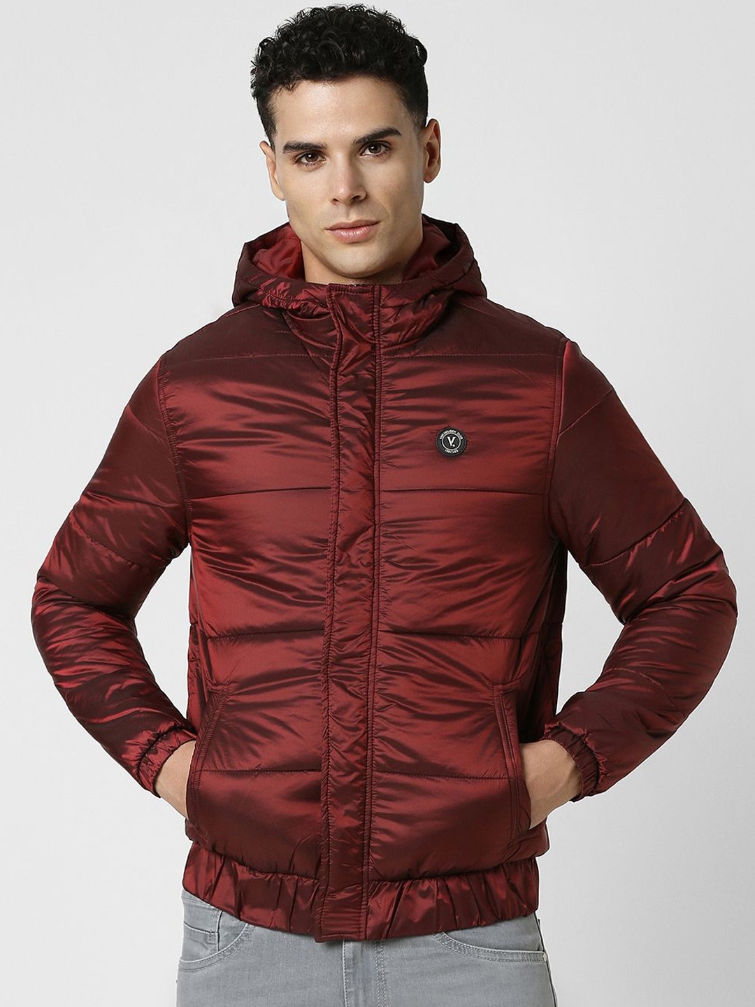 

V Dot Men Hooded Solid Casual Padded Jacket, Maroon