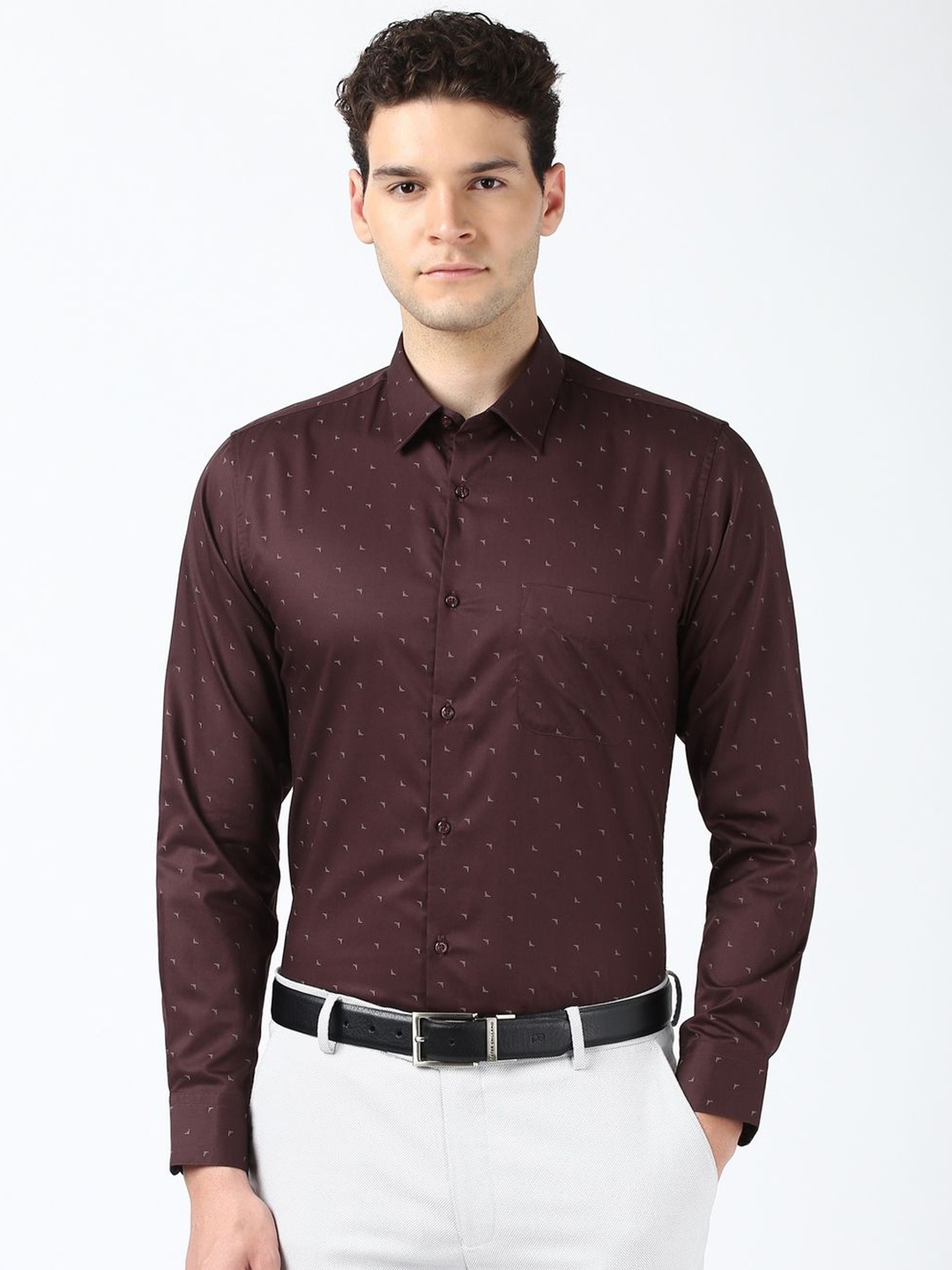 

Peter England Men Slim Fit Opaque Printed Formal Shirt, Maroon