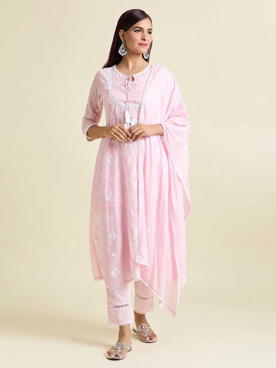 

Samyukta Singhania Embroidered Thread Work Pure Cotton Anarkali Kurta with Trousers & Dupatta, Pink