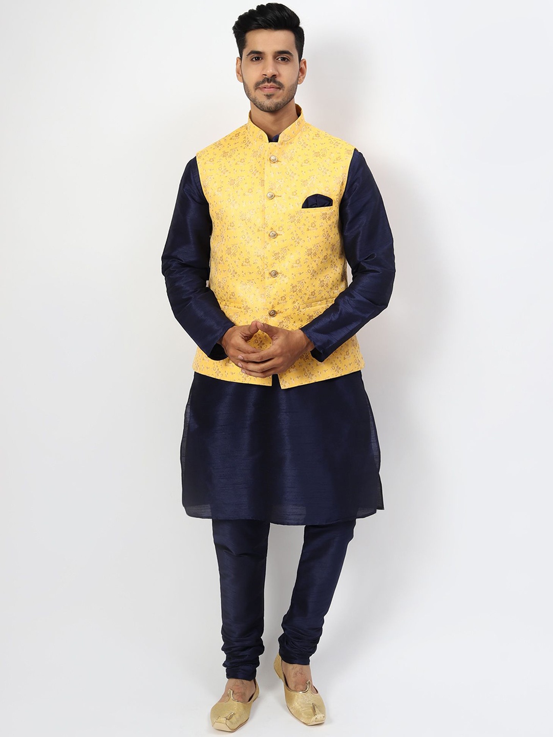 

Ethluxis Mandarin Collar Jacquard Dupion Silk Kurta With Churidar & Nehru Jacket, Navy blue