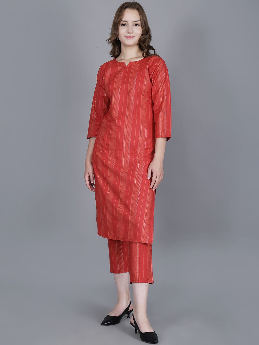 

FASHIRE Striped Woven Design Pure Cotton Straight Kurta with Trouser, Red