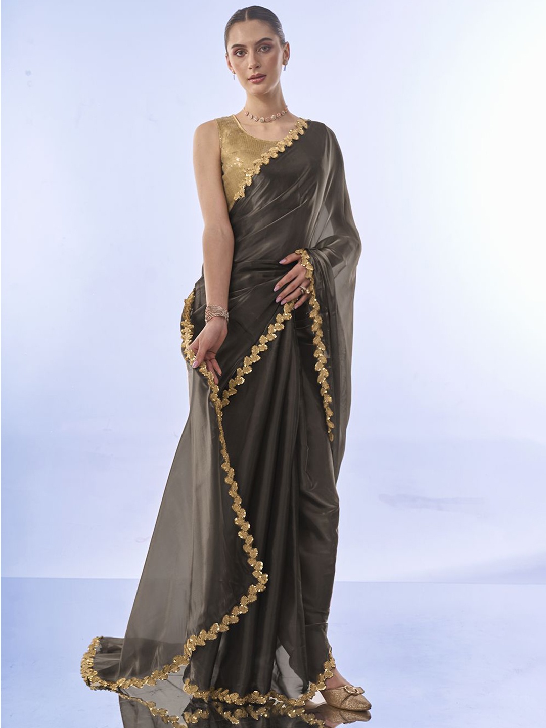 

Mitera Embellished Sequinned Organza Saree, Metallic