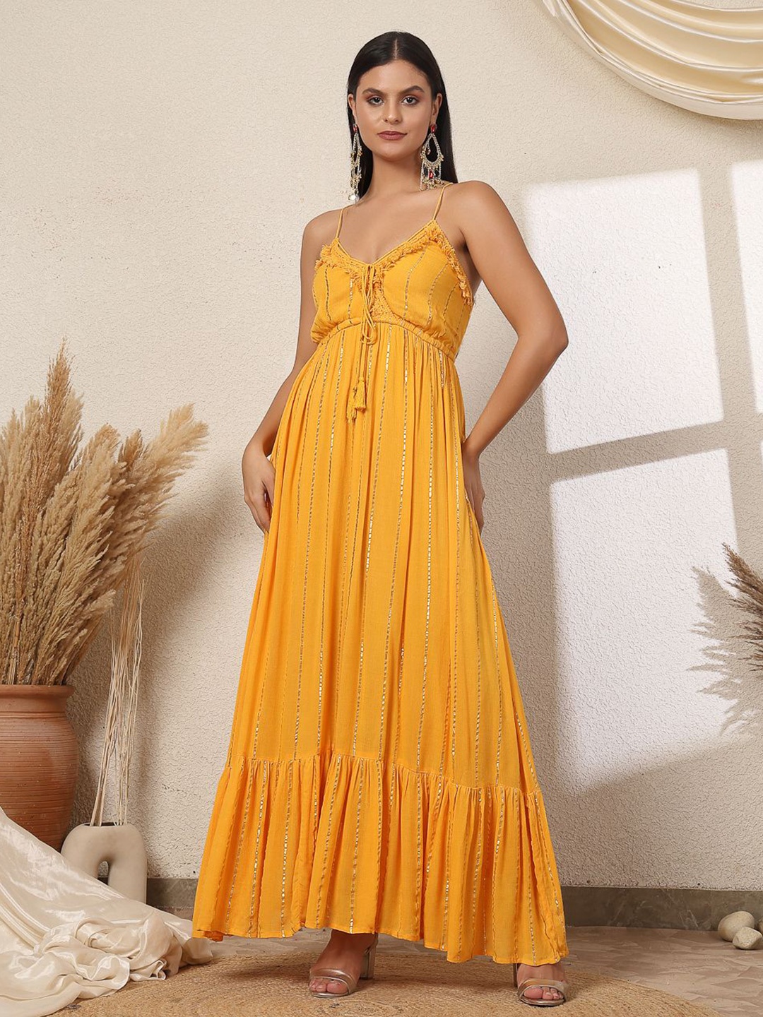 

VESTIDO MODAS Women Shoulder Straps Maxi Dress, Mustard