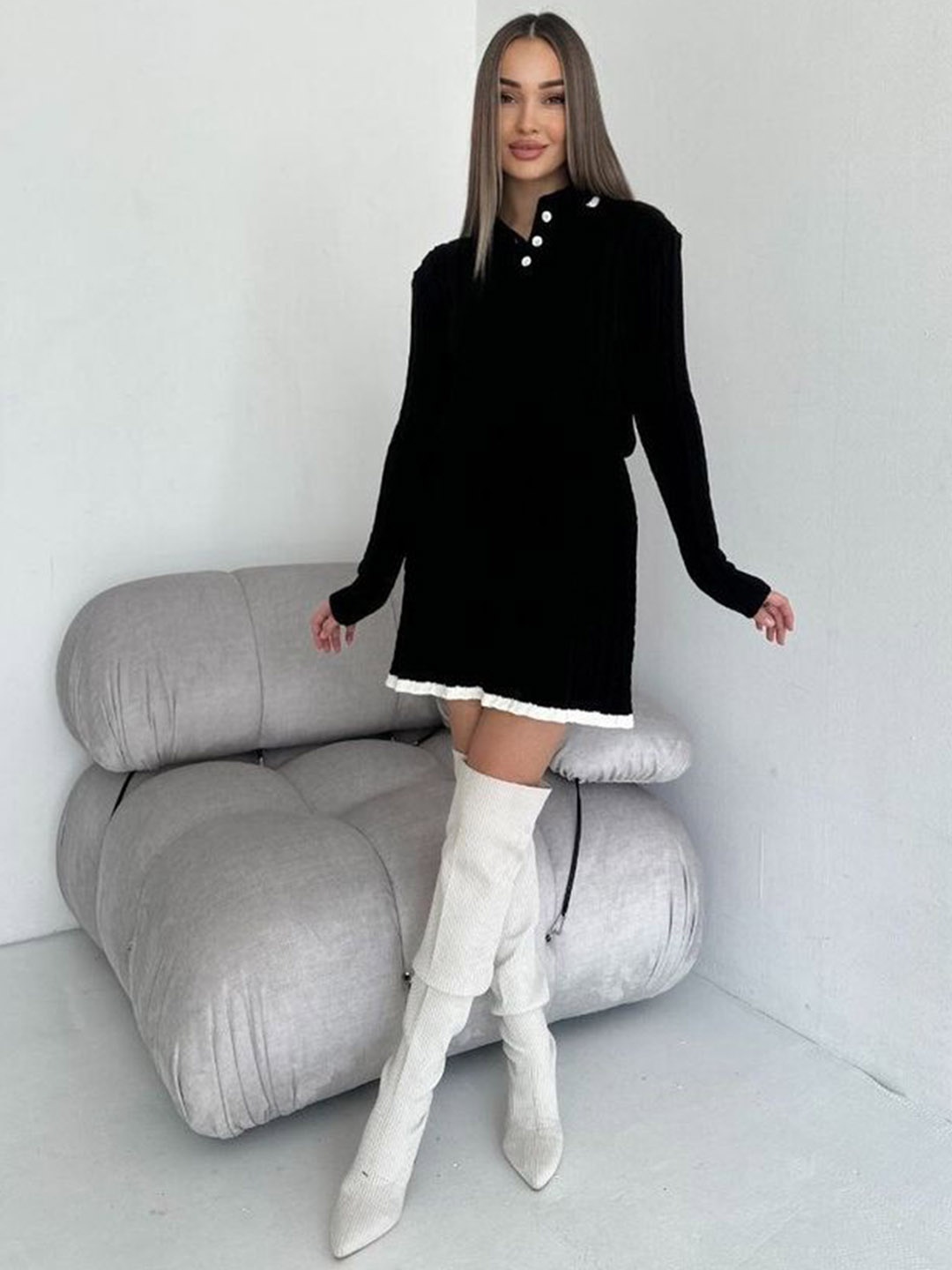 

LULU & SKY Self Design Polo Collar Long Sleeves Sweater With Skirt, Black
