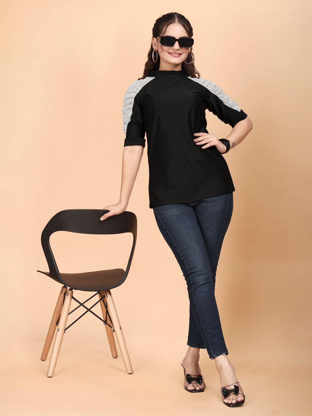 

ANJAVI FASHION Women Puff Sleeve Woollen Tweed Top, Black