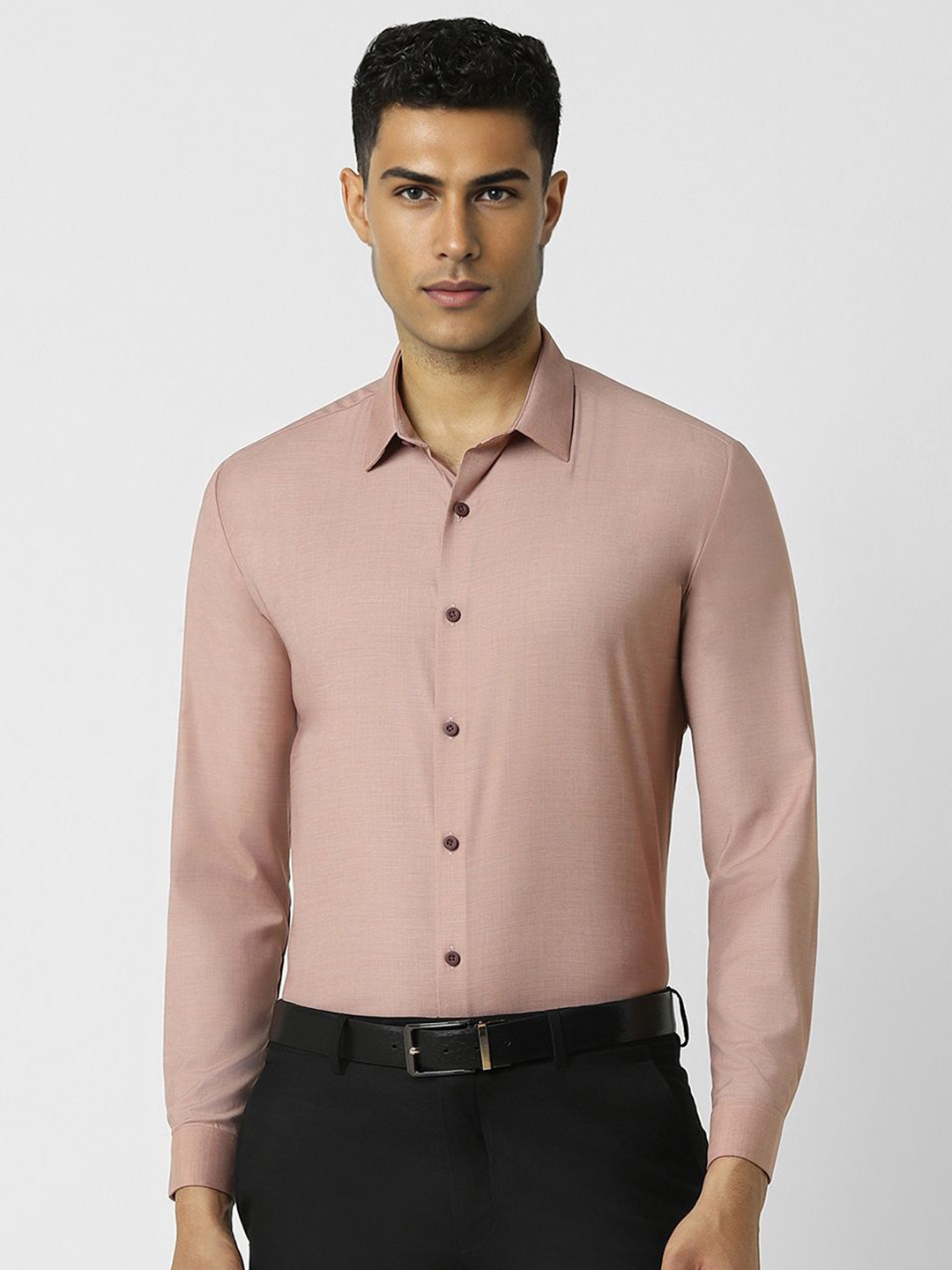 

V Dot Men Spread Collar Solid Slim Fit Formal Shirt, Beige