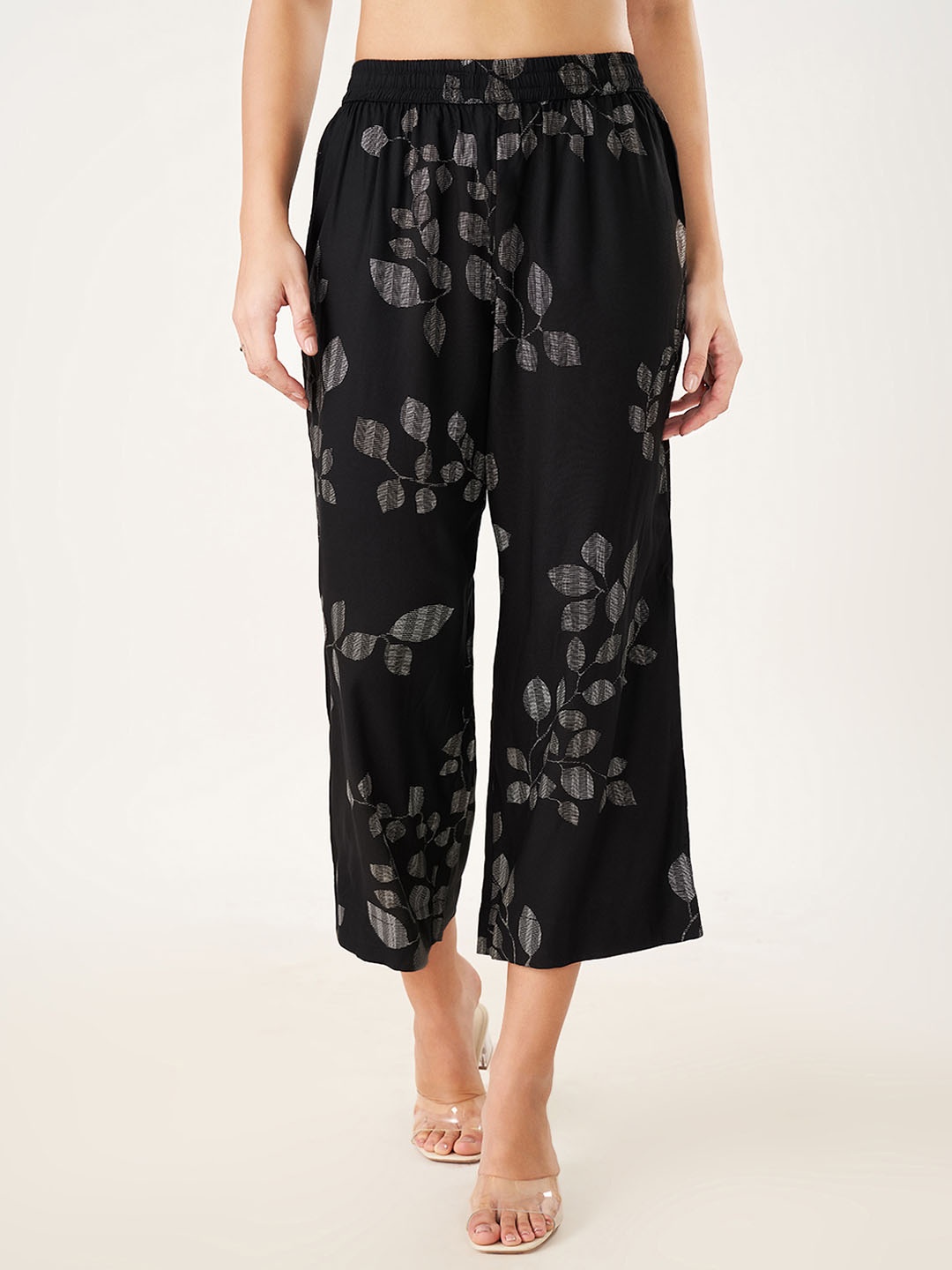 

RANGMANCH BY PANTALOONS Women Floral Printed Flared Culottes Trousers, Black