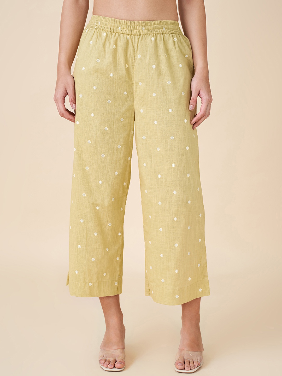 

RANGMANCH BY PANTALOONS Women Polka Dot Printed Cotton Parallel Trousers, Olive