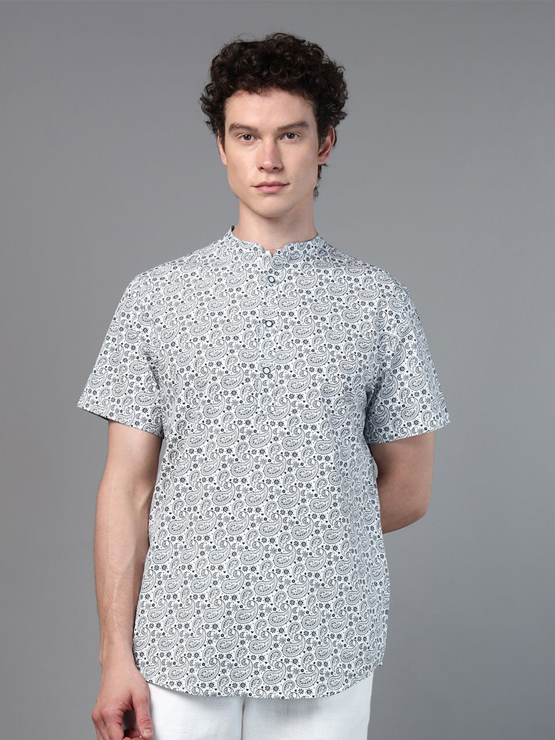 

DON VINO Men Comfort Band Collar Ethnic Motifs Printed Cotton Slim Fit Casual Shirt, White