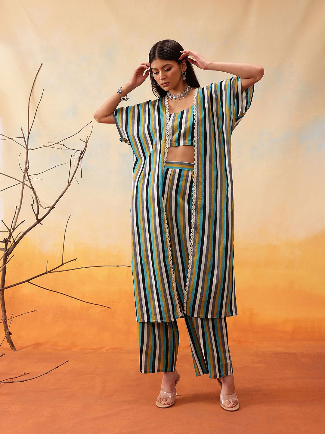 

indo street Striped Cotton Top with Trouser and Shrug Co-ords, Blue