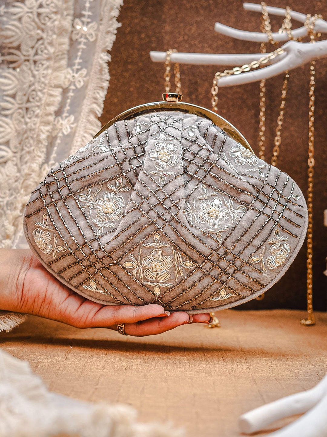 

NR By Nidhi Rathi Embroidered Embellished Half Moon Clutch, Grey