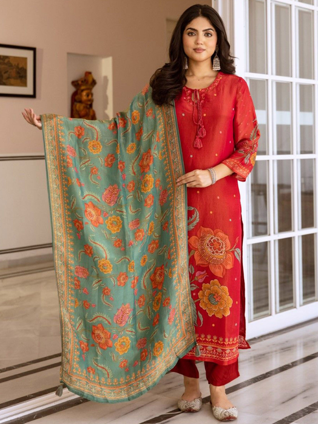 

AUTUMN LANE Floral Printed Thread Work Cotton Silk Kurta With Trousers & Dupatta, Red