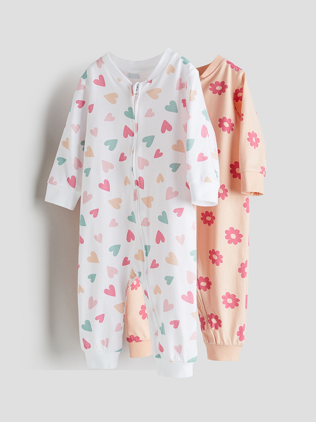 

H&M Pack Of 2 White and Peach Kids-Boys Printed Cotton Rompers