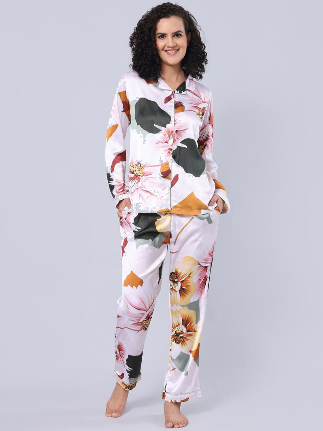

evolove Women Floral Printed Night suit, Off white