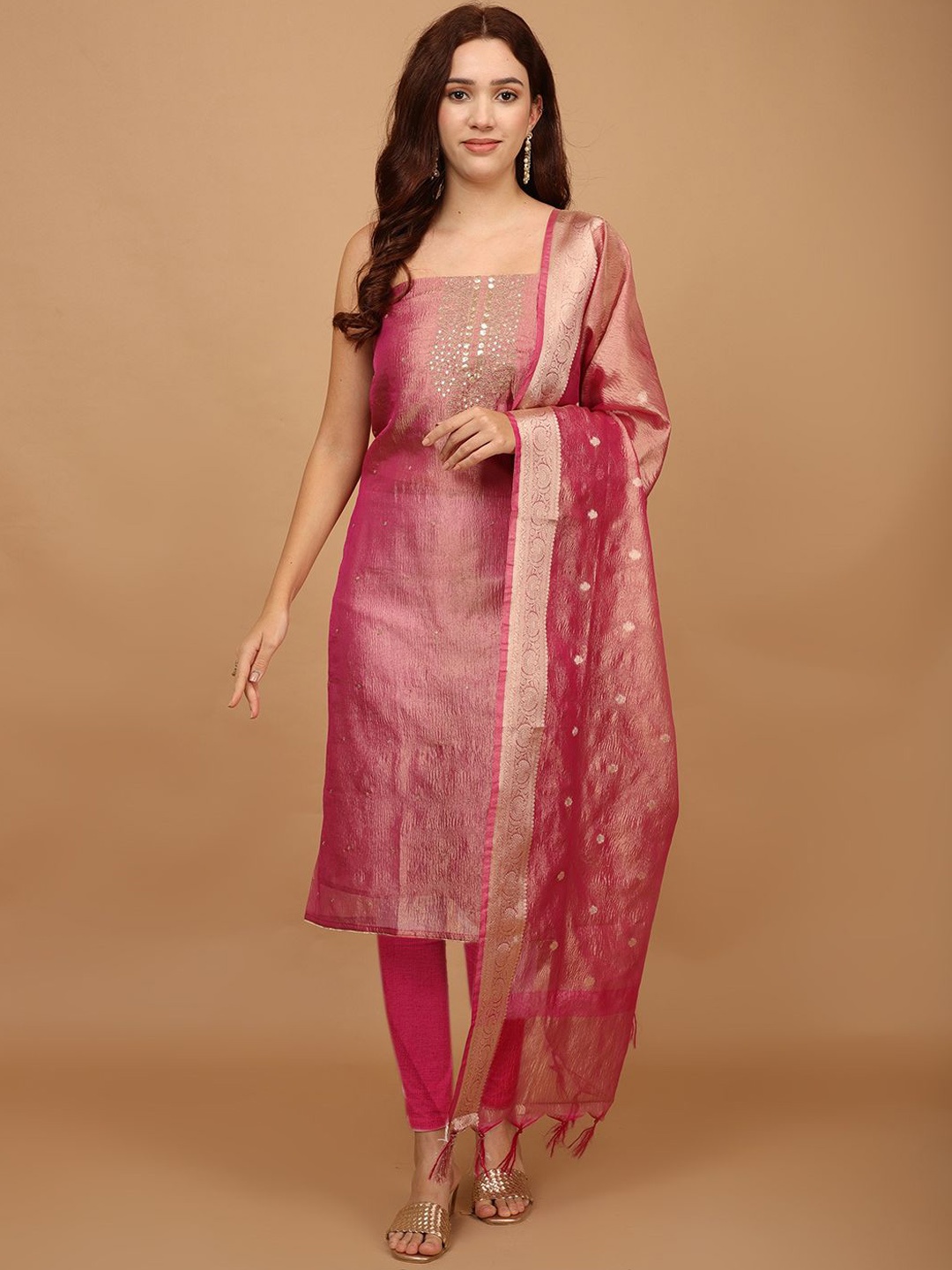 

Meena Bazaar Embroidered Tissue Unstitched Dress Material, Pink
