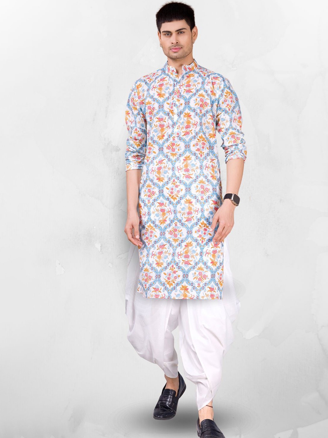

SHIWAM ETHNIX Ethnic Motifs Printed Mandarin Collar Straight Kurta With Dhoti Pants, Blue